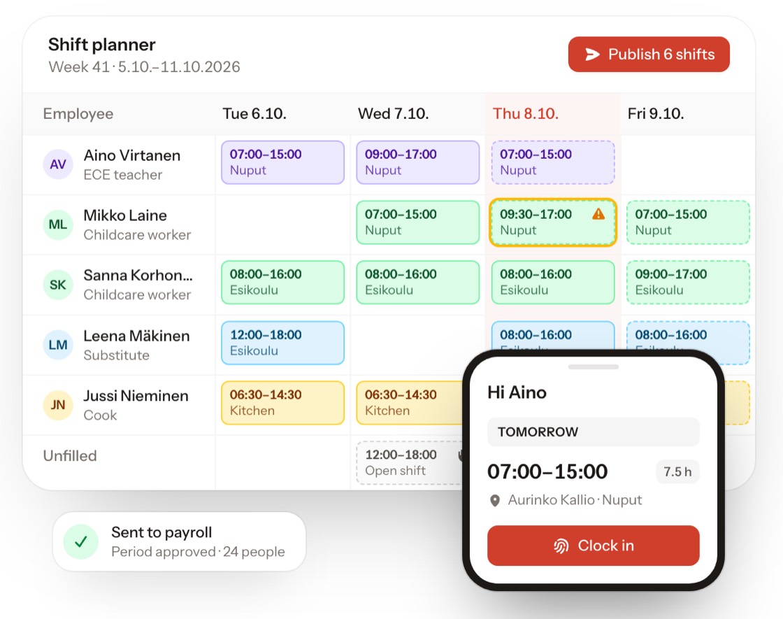 Tuntivo-dienstplanner met een week aan diensten en het inklokscherm voor medewerkers